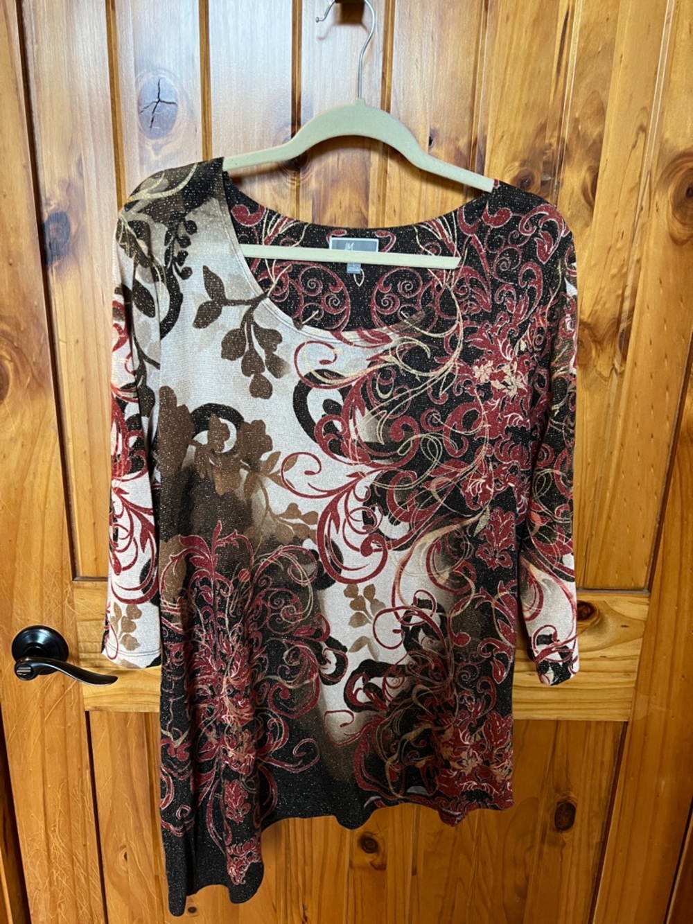 Women’s Floral Swirl Tunic Top in Red, Brown & Cream